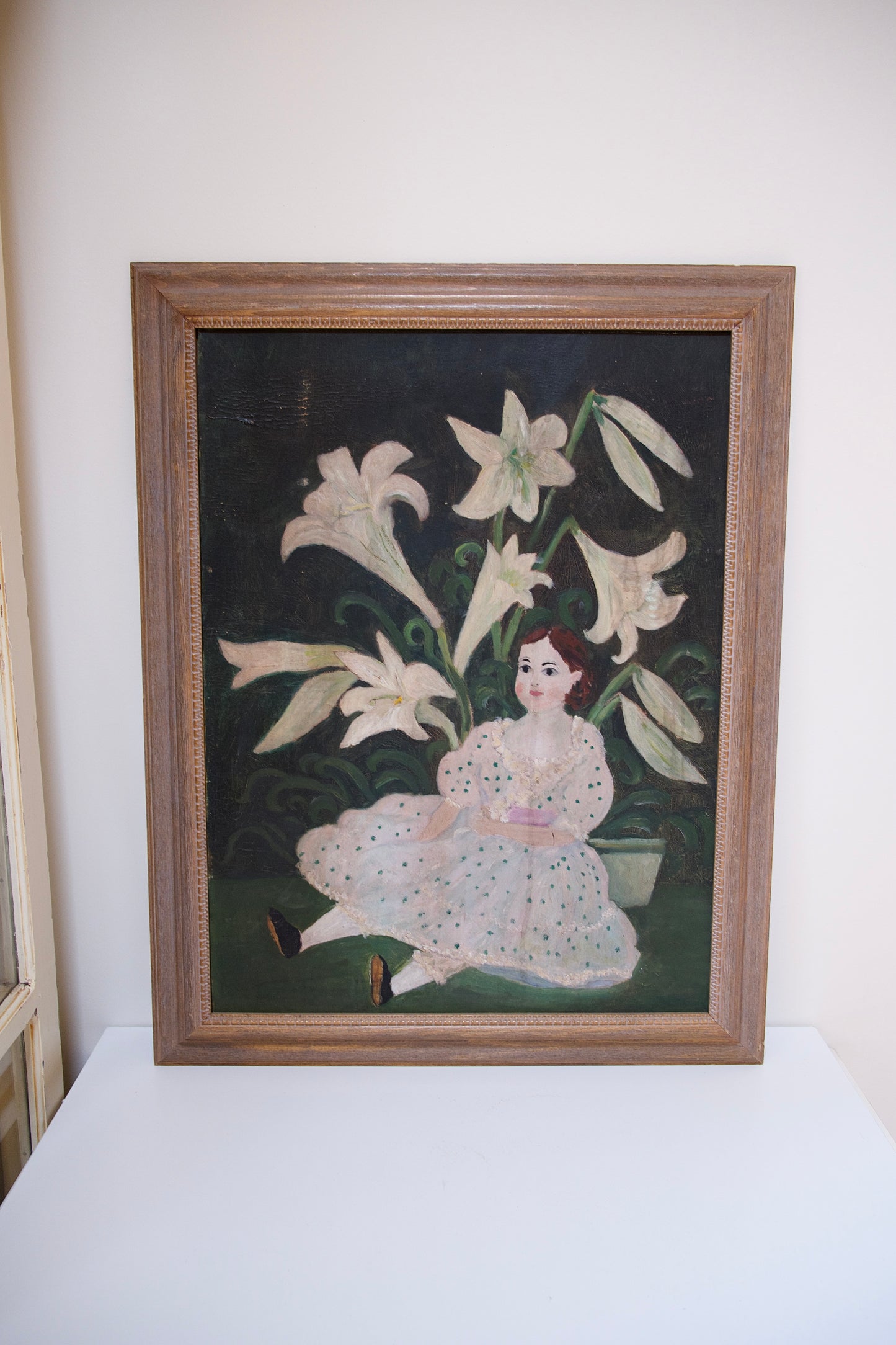 Vintage Floral Doll Painting with White Lilies