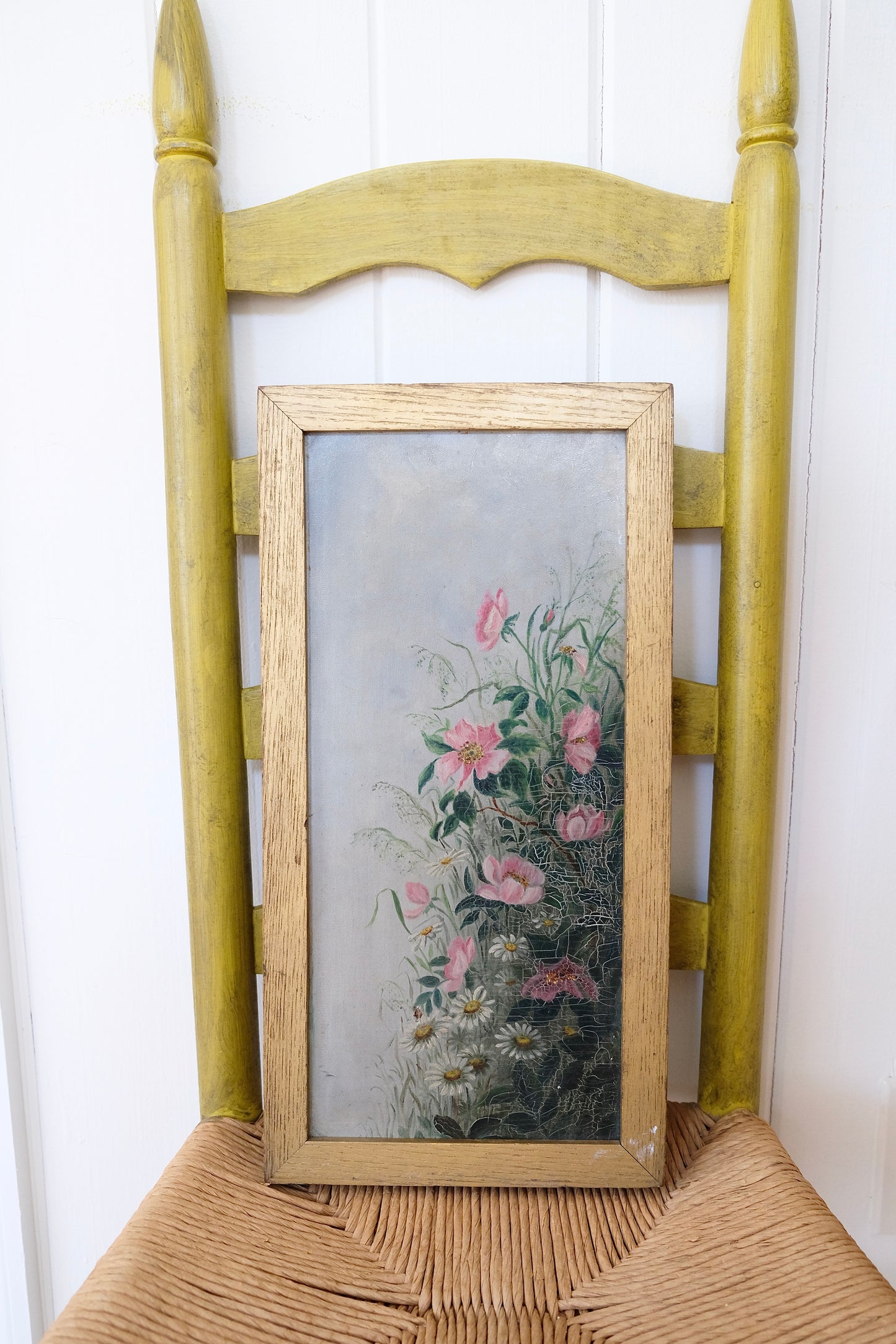 Antique Vertical Floral Oil Painting with Pink Blossoms and Daisies