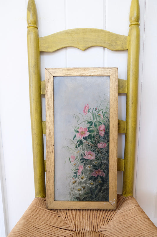 Antique Vertical Floral Oil Painting with Pink Blossoms and Daisies