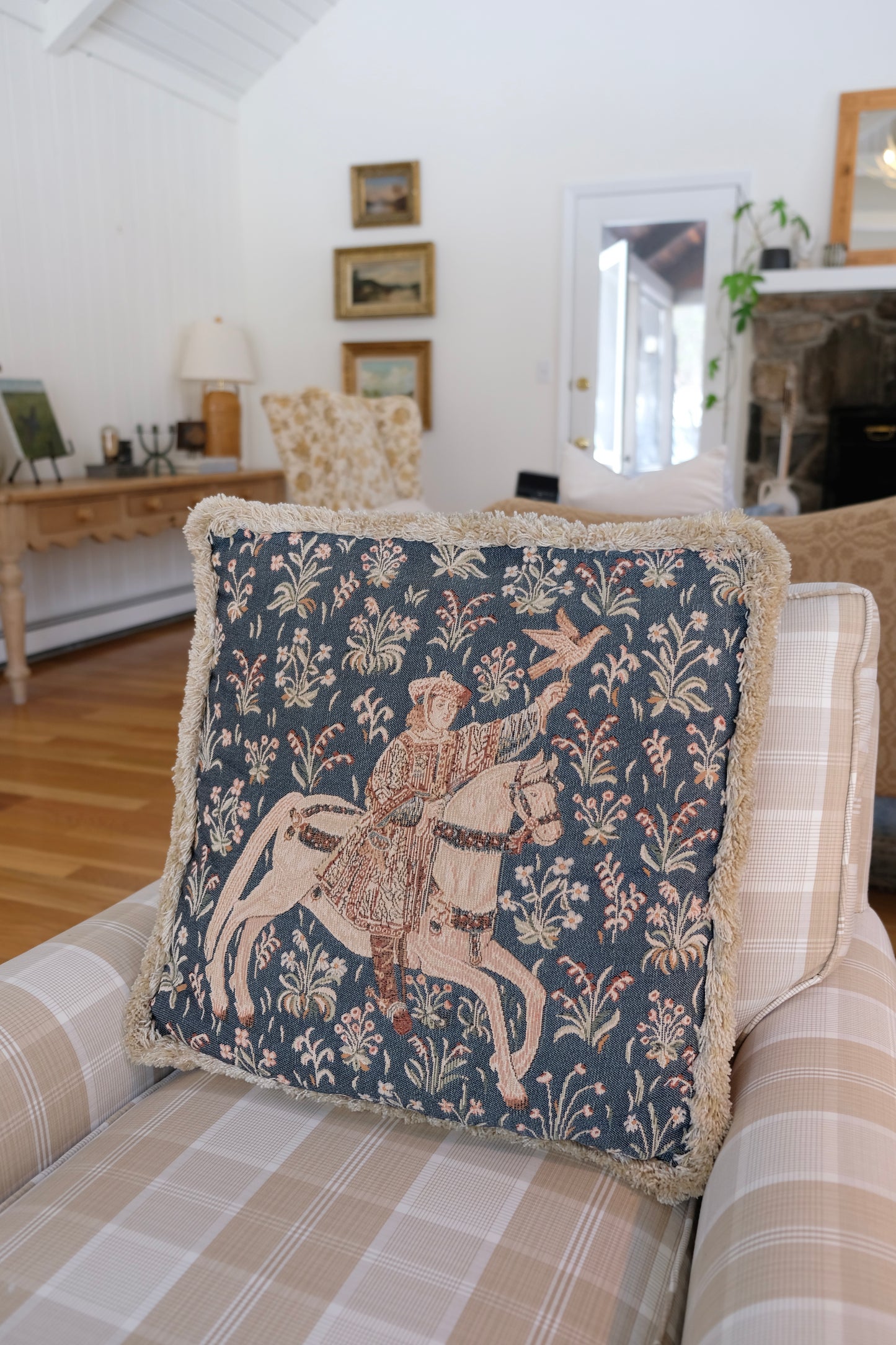 Vintage Tapestry Pillow with Soft Pink Backing