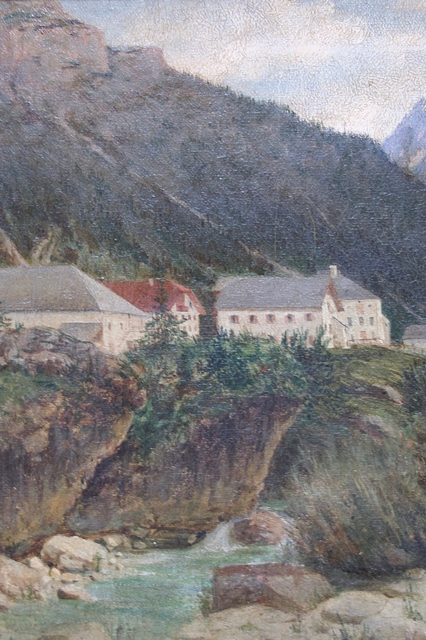 Antique Mountain Village Oil Painting in Aged Wooden Frame