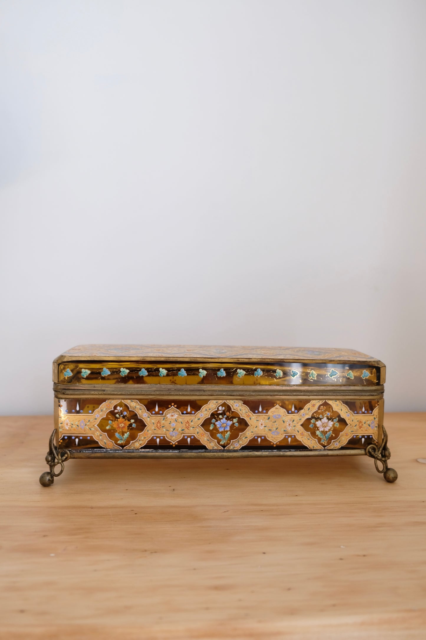 Antique Bohemian Hand Painted Amber Glass Glove Casket Attributed to Moser