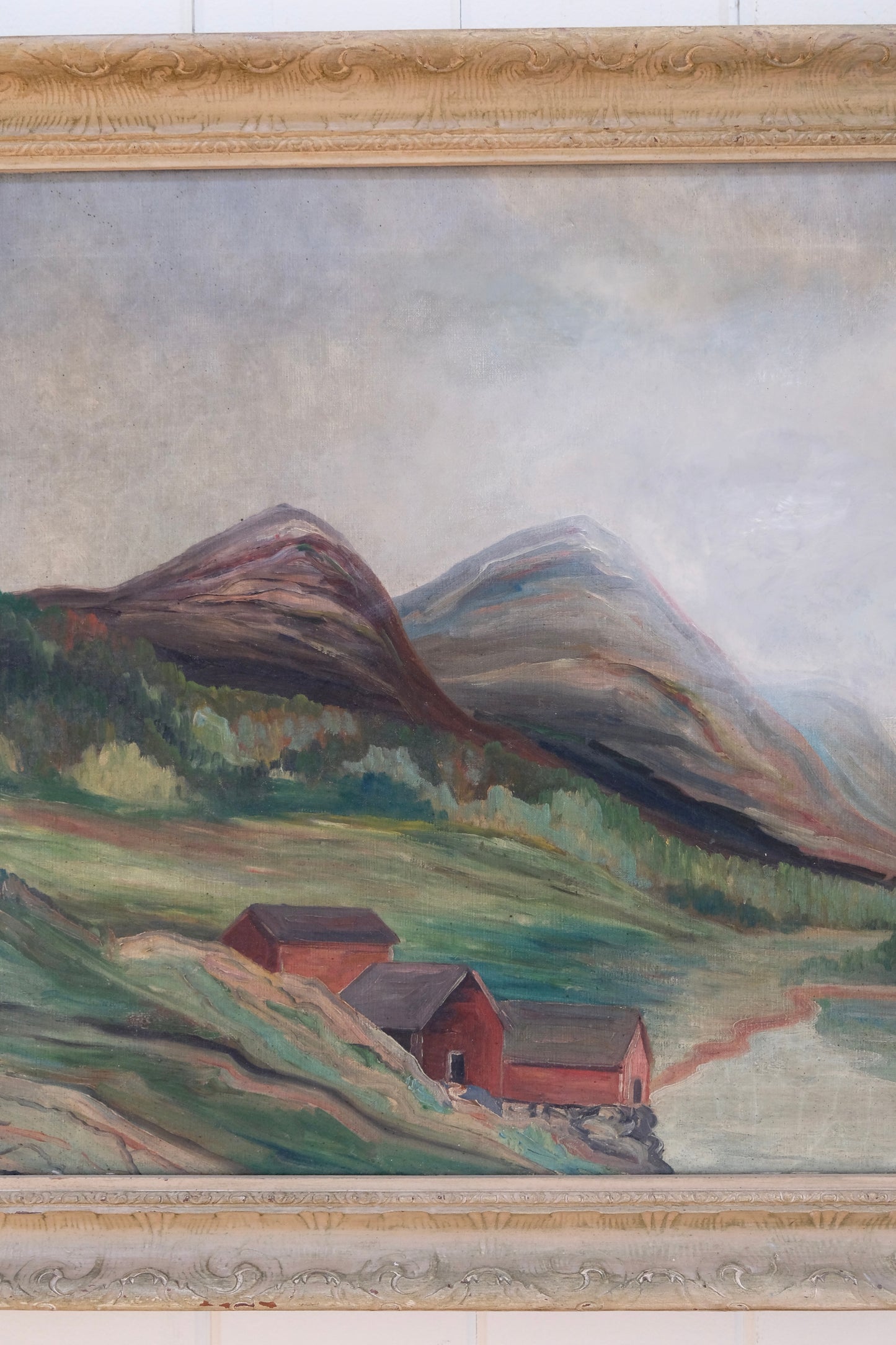 1920s Framed Fjord Landscape on Canvas