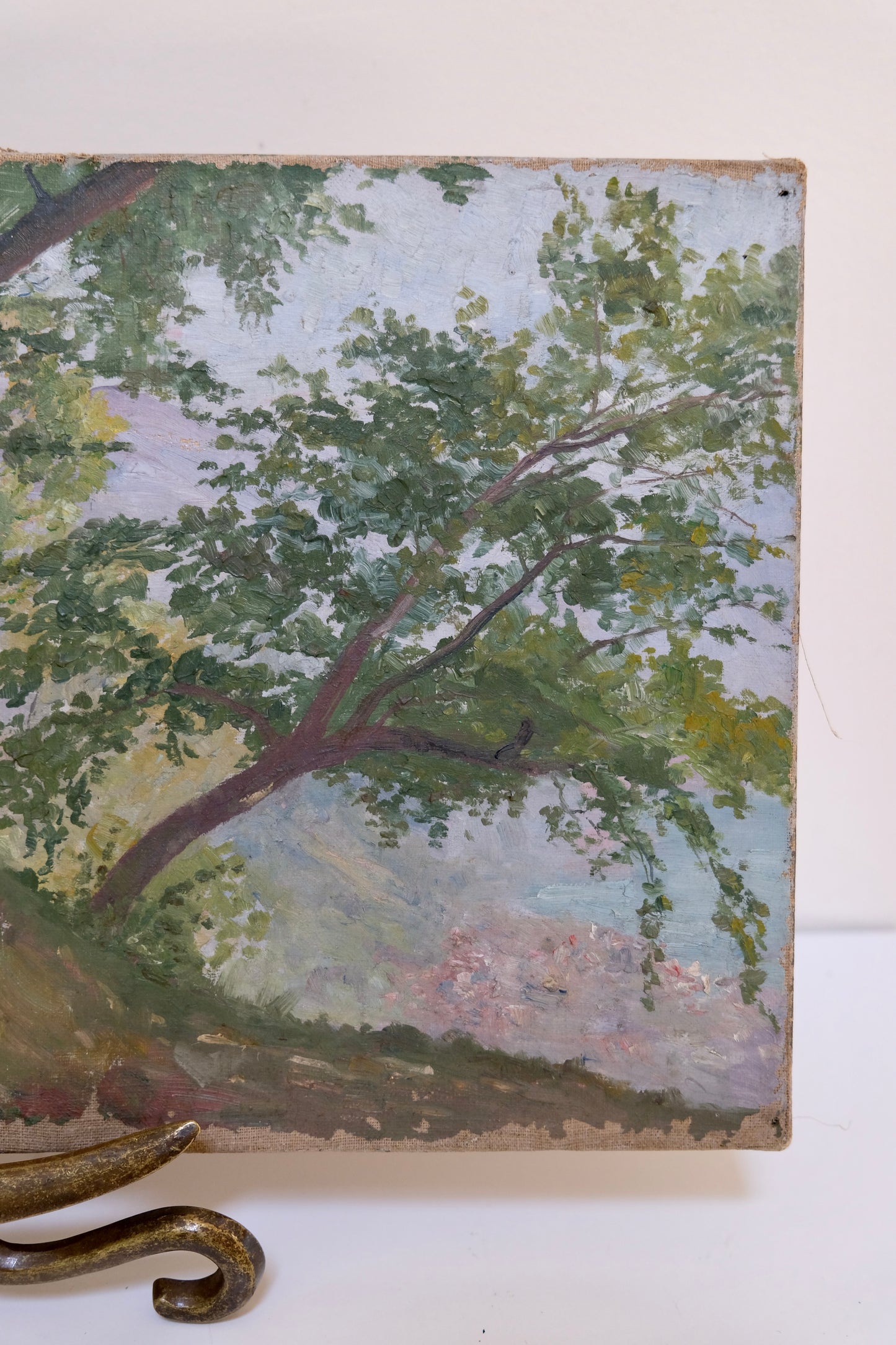 Antique European Impressionist Oil Landscape with Tiny Figure, Swiss Canvas