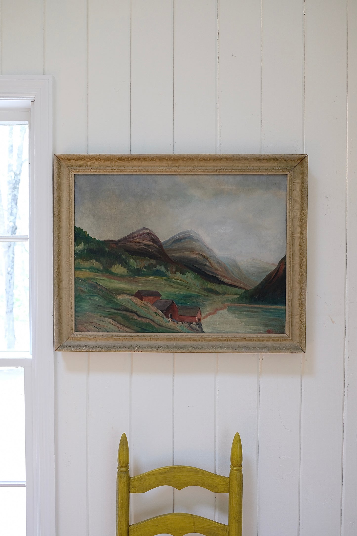 1920s Framed Fjord Landscape on Canvas