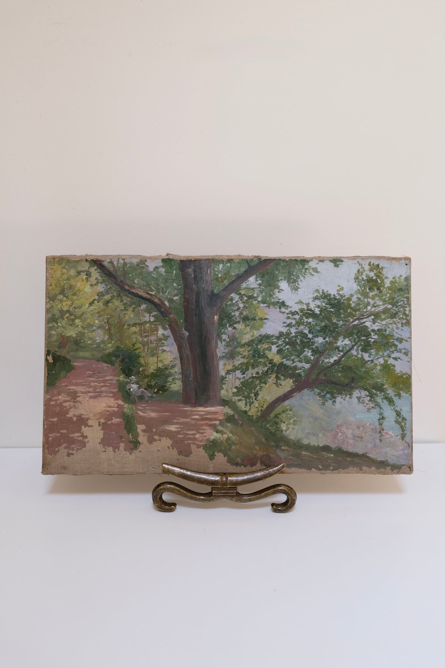 Antique European Impressionist Oil Landscape with Tiny Figure, Swiss Canvas