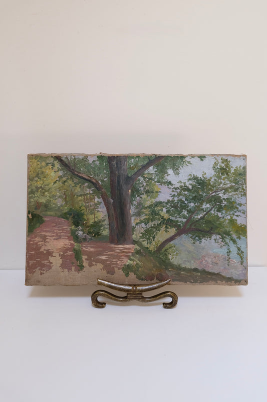 Antique European Impressionist Oil Landscape with Tiny Figure, Swiss Canvas