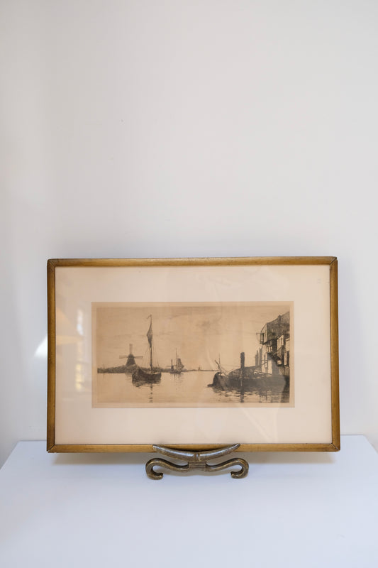 Antique Framed Print of a Calm Harbor Scene by G.A. Platt,
