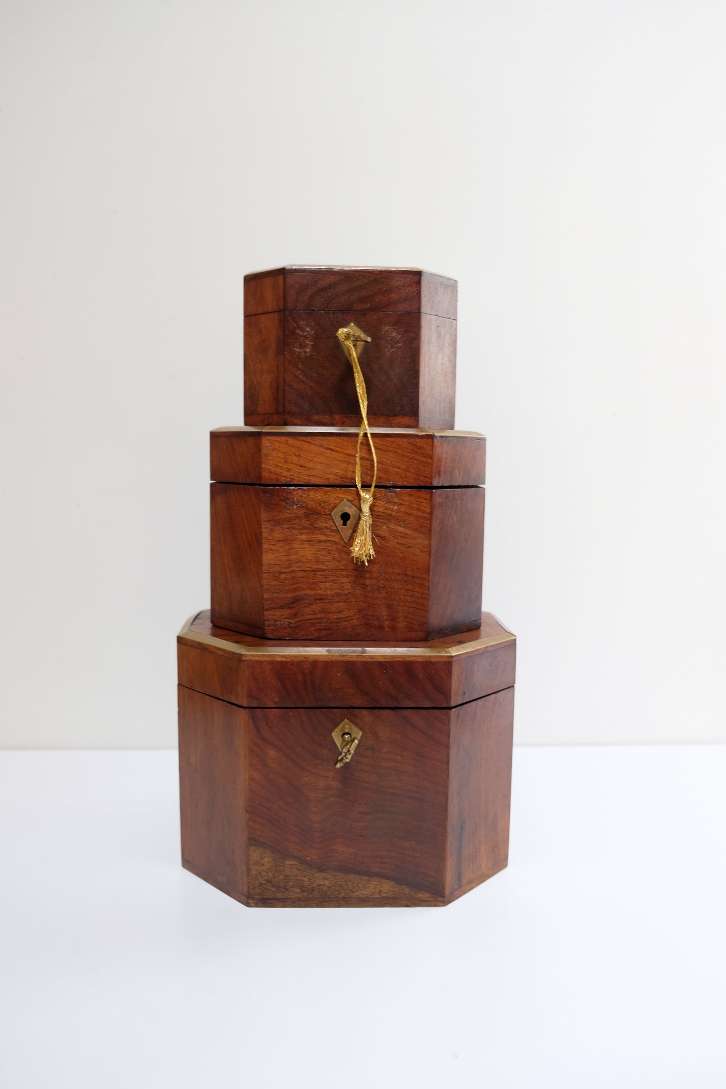 Vintage Nesting Tea Caddy Box Trio with Brass Accents and Keys