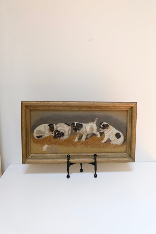 Antique Signed Oil Painting of Four Jack Russell Terrier Puppies