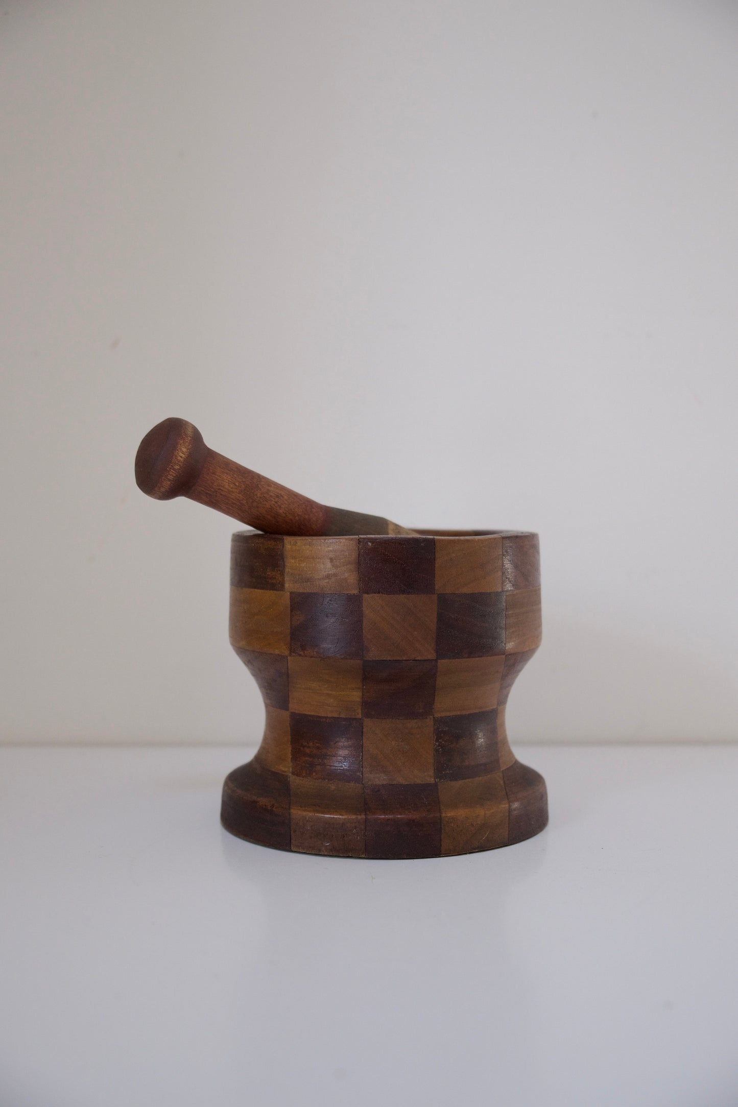 Vintage Wooden Mortar & Pestle, Checkered Pattern