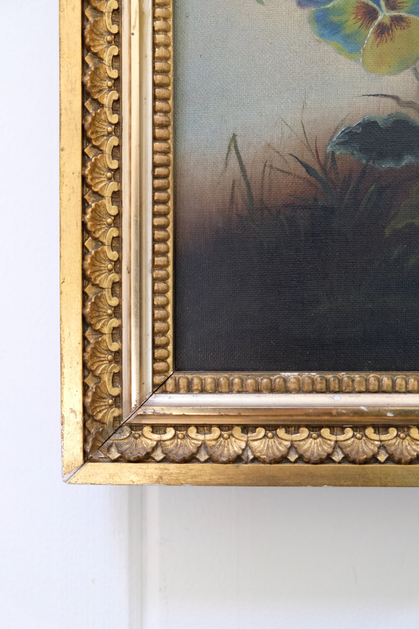 Likely Antique Pansy Oil Painting on Canvas in Gilt Frame