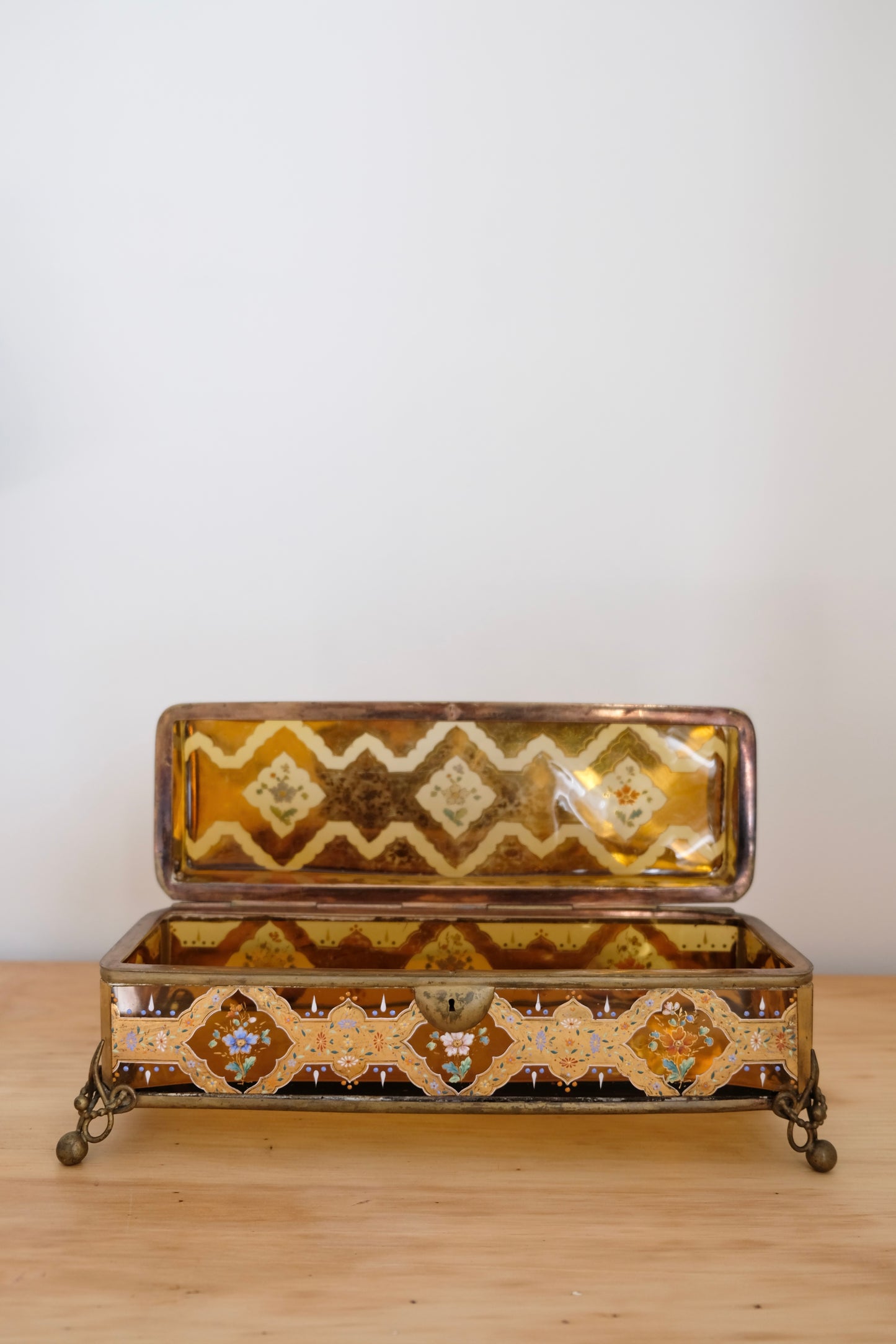 Antique Bohemian Hand Painted Amber Glass Glove Casket Attributed to Moser