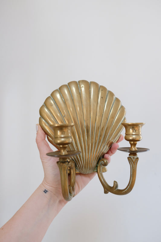 Vintage Brass Sea Shell Wall Sconce Candleholder