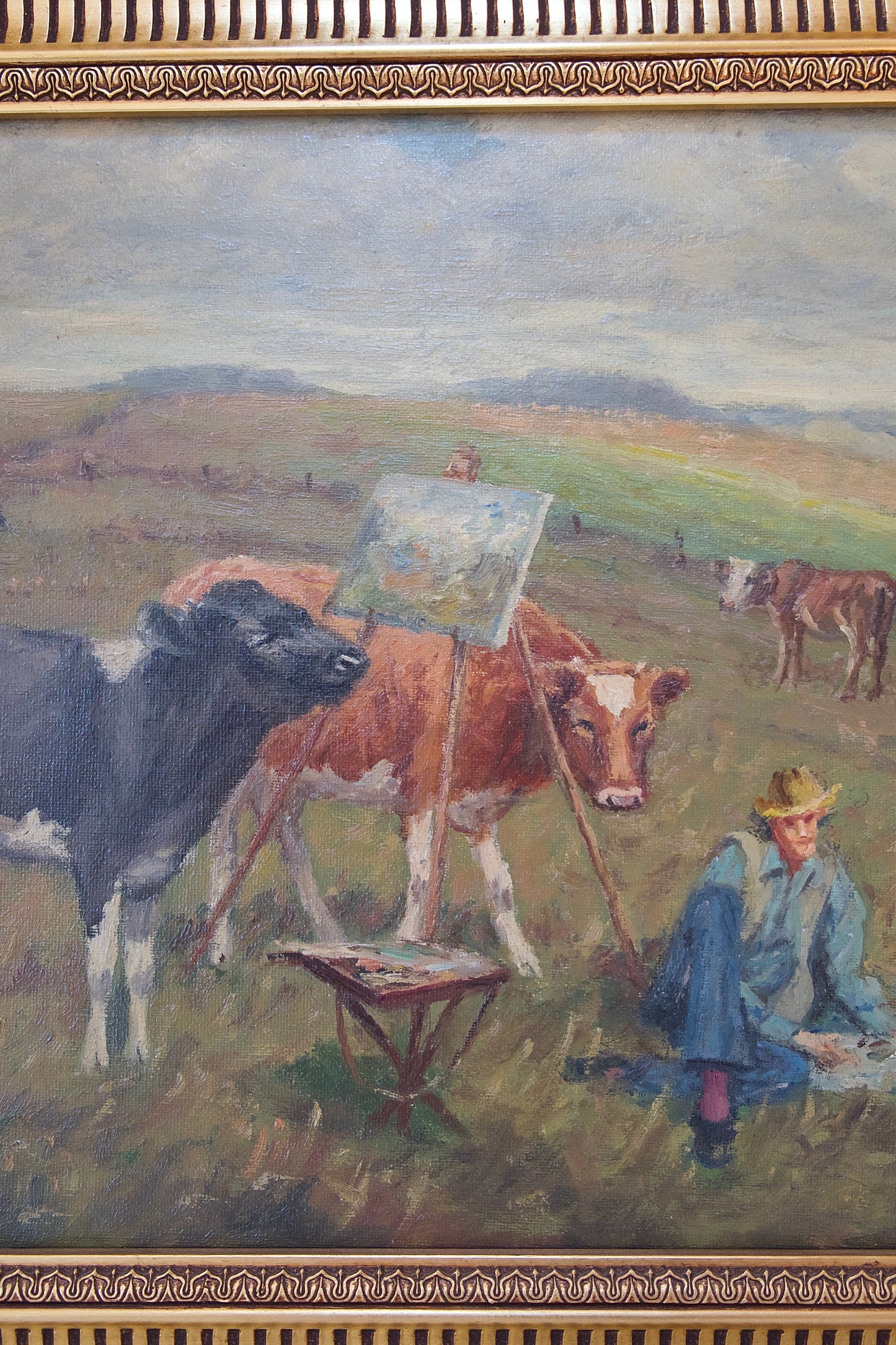 Early 20th Century Signed Danish Cows and Artist Oil Painting