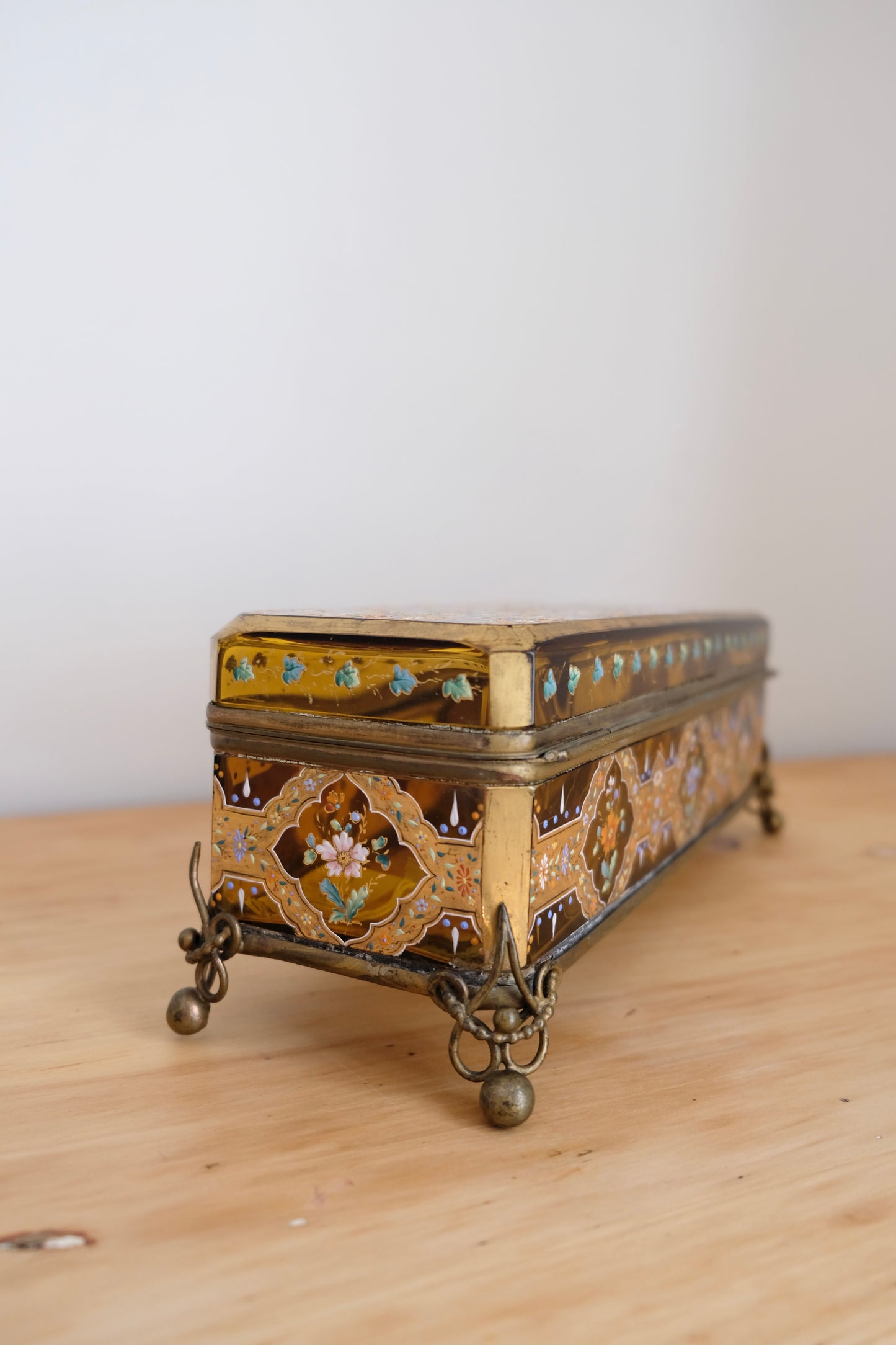 Antique Bohemian Hand Painted Amber Glass Glove Casket Attributed to Moser