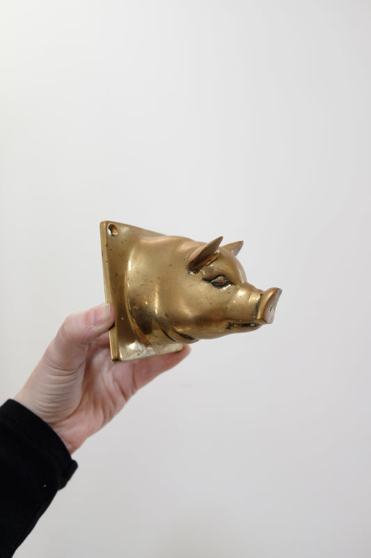Vintage Solid Brass Pig Wall Hook, Mid-Century