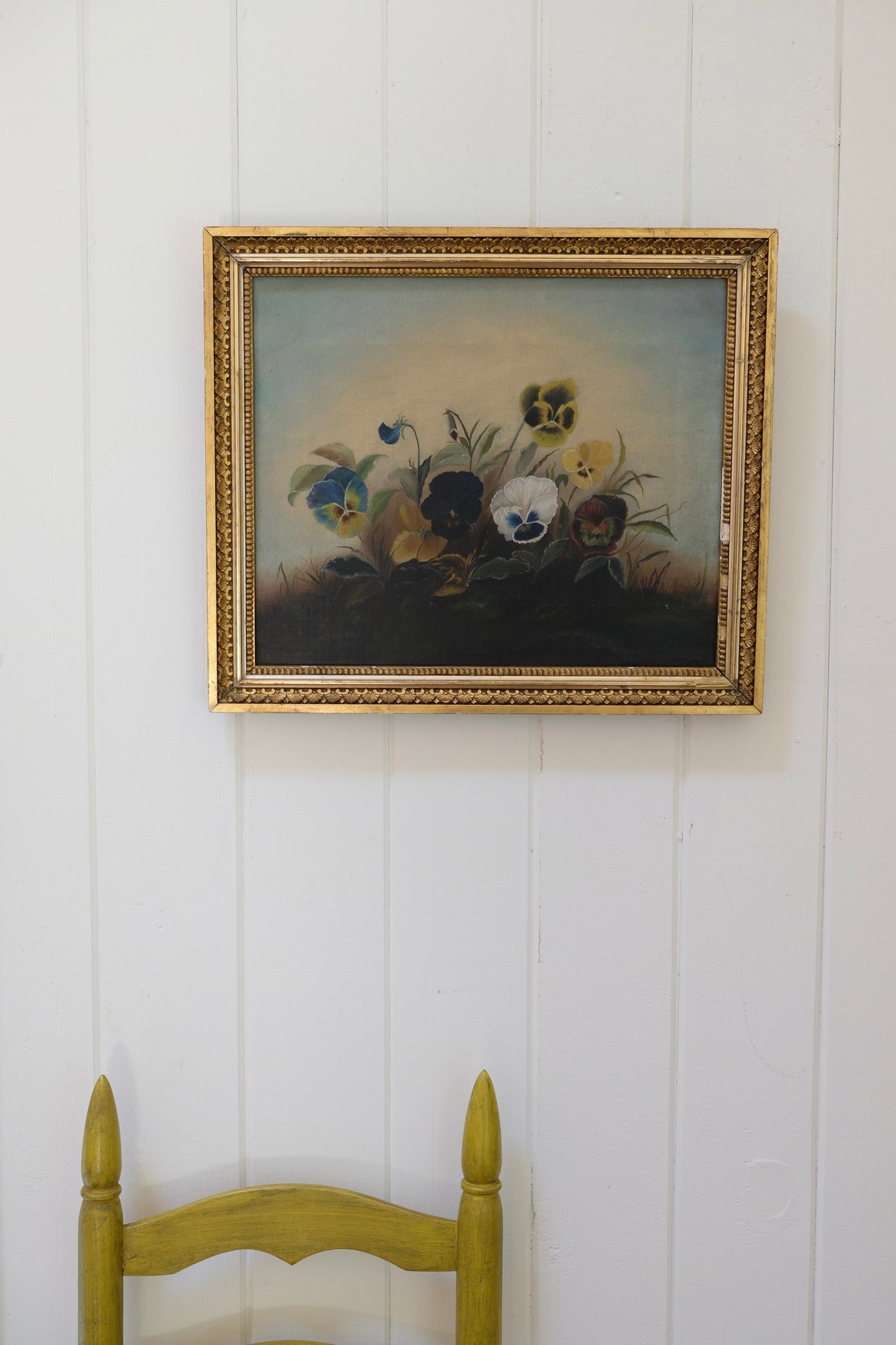 Likely Antique Pansy Oil Painting on Canvas in Gilt Frame
