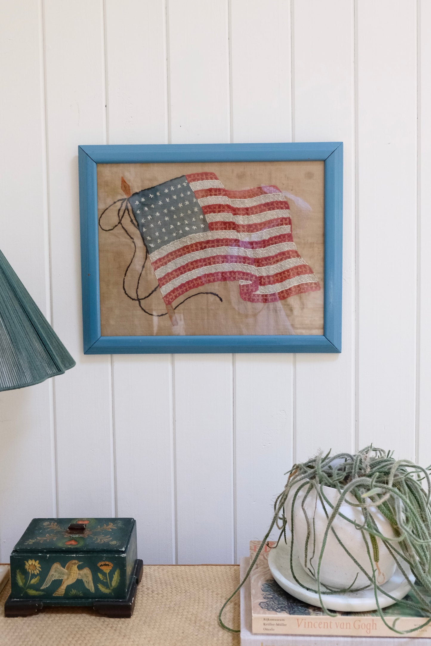 Vintage 48-Star American Flag Hand-Stitched Needlepoint in Blue Painted Frame