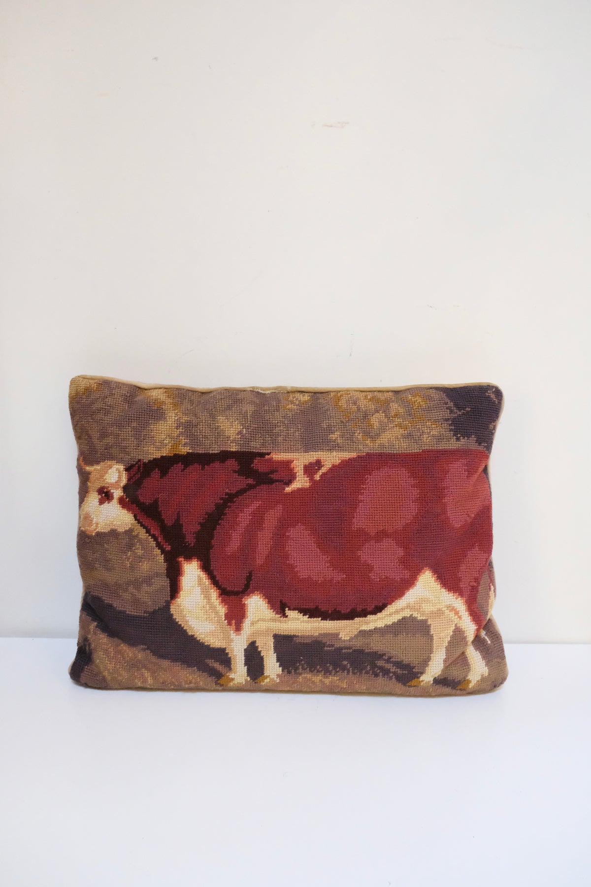 Vintage Handmade Cow Needlepoint Pillow