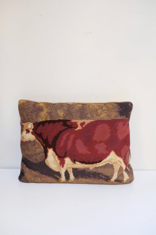 Vintage Handmade Cow Needlepoint Pillow