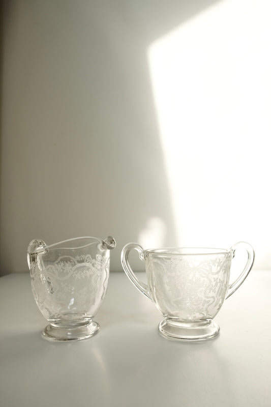 Vintage Fostoria Etched Glass Sugar & Creamer Set