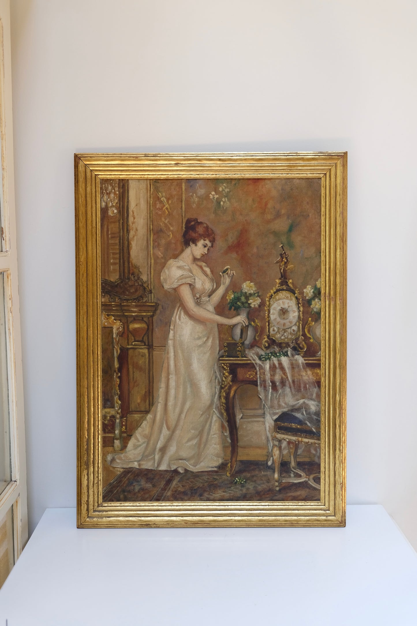 Antique Hand-Painted Oil on Board, Regency Woman in Interior, Gilded Frame
