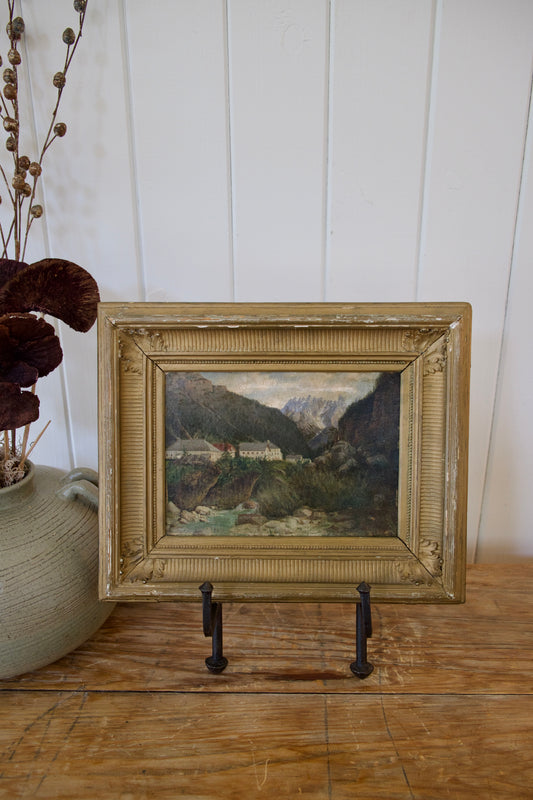 Antique Mountain Village Oil Painting in Aged Wooden Frame