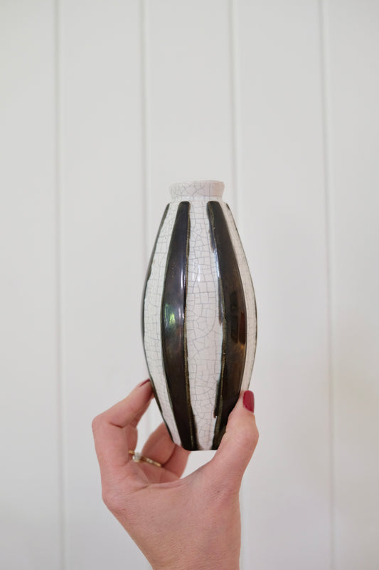 Skinny Black and White Crackled Bud Vase