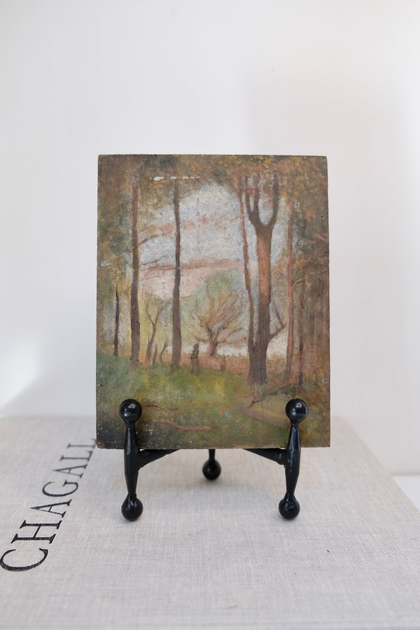 Rustic Forest Scene Antique Oil Painting on an 1800s Cigar Box Lid