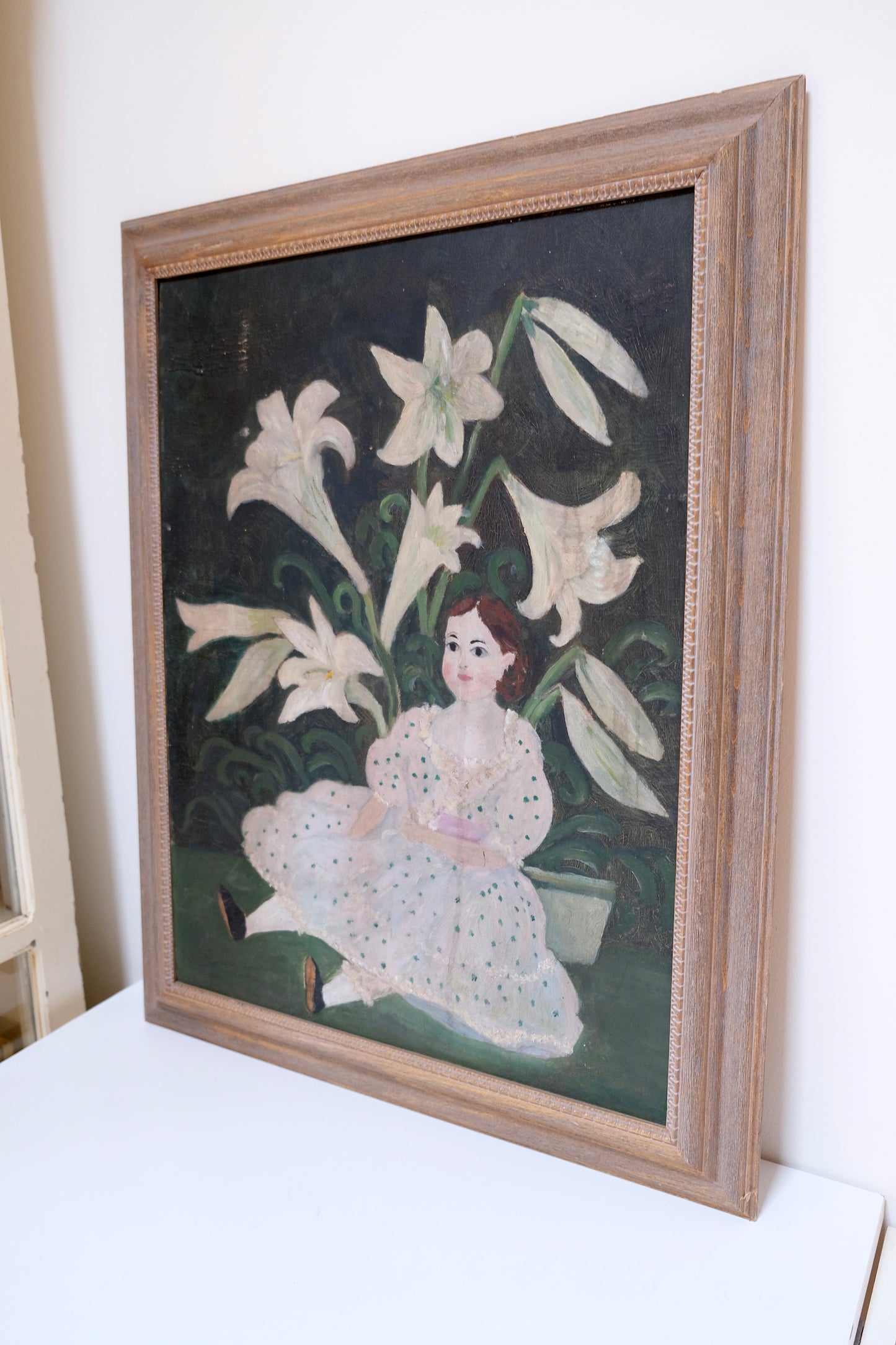 Vintage Floral Doll Painting with White Lilies