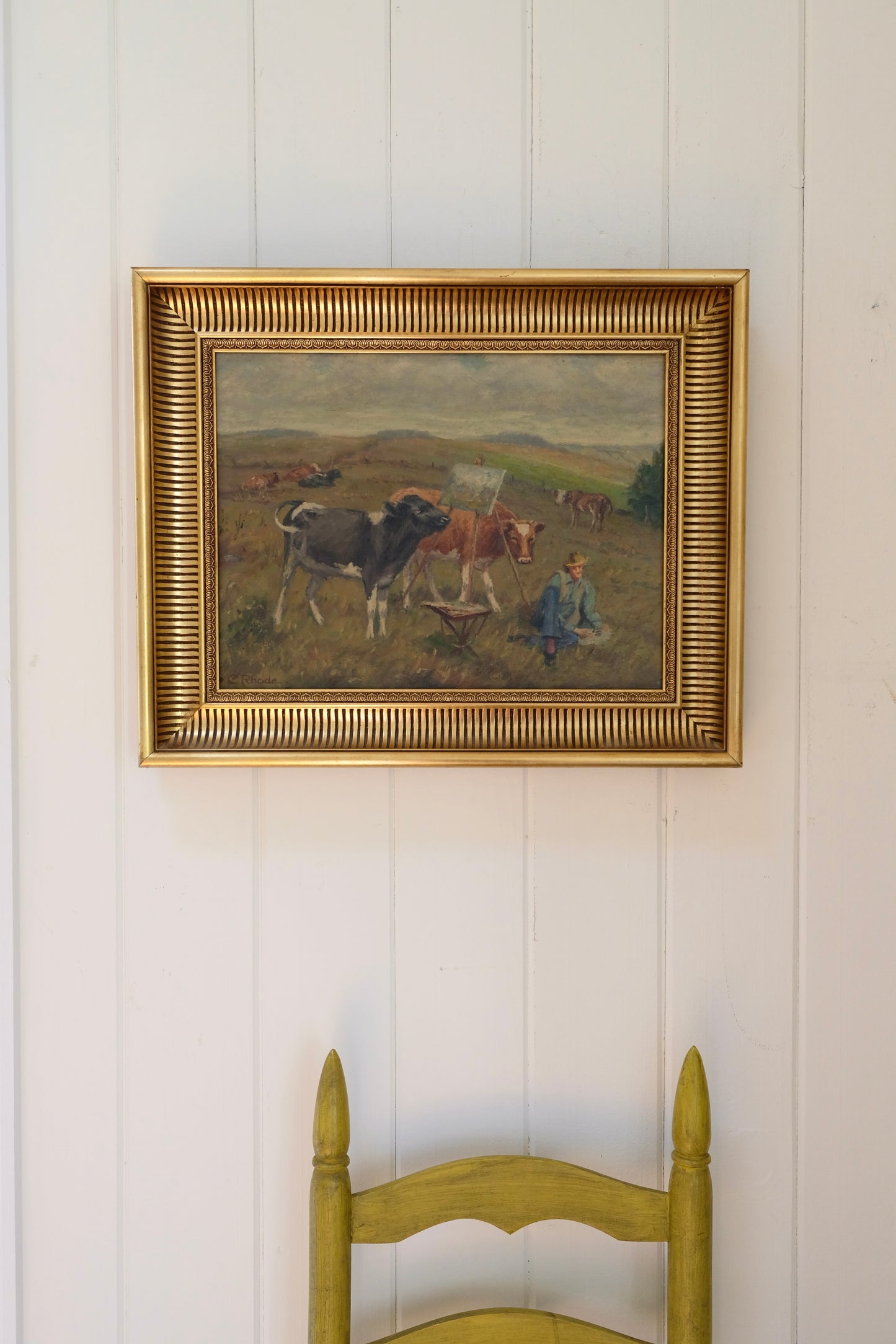 Early 20th Century Signed Danish Cows and Artist Oil Painting