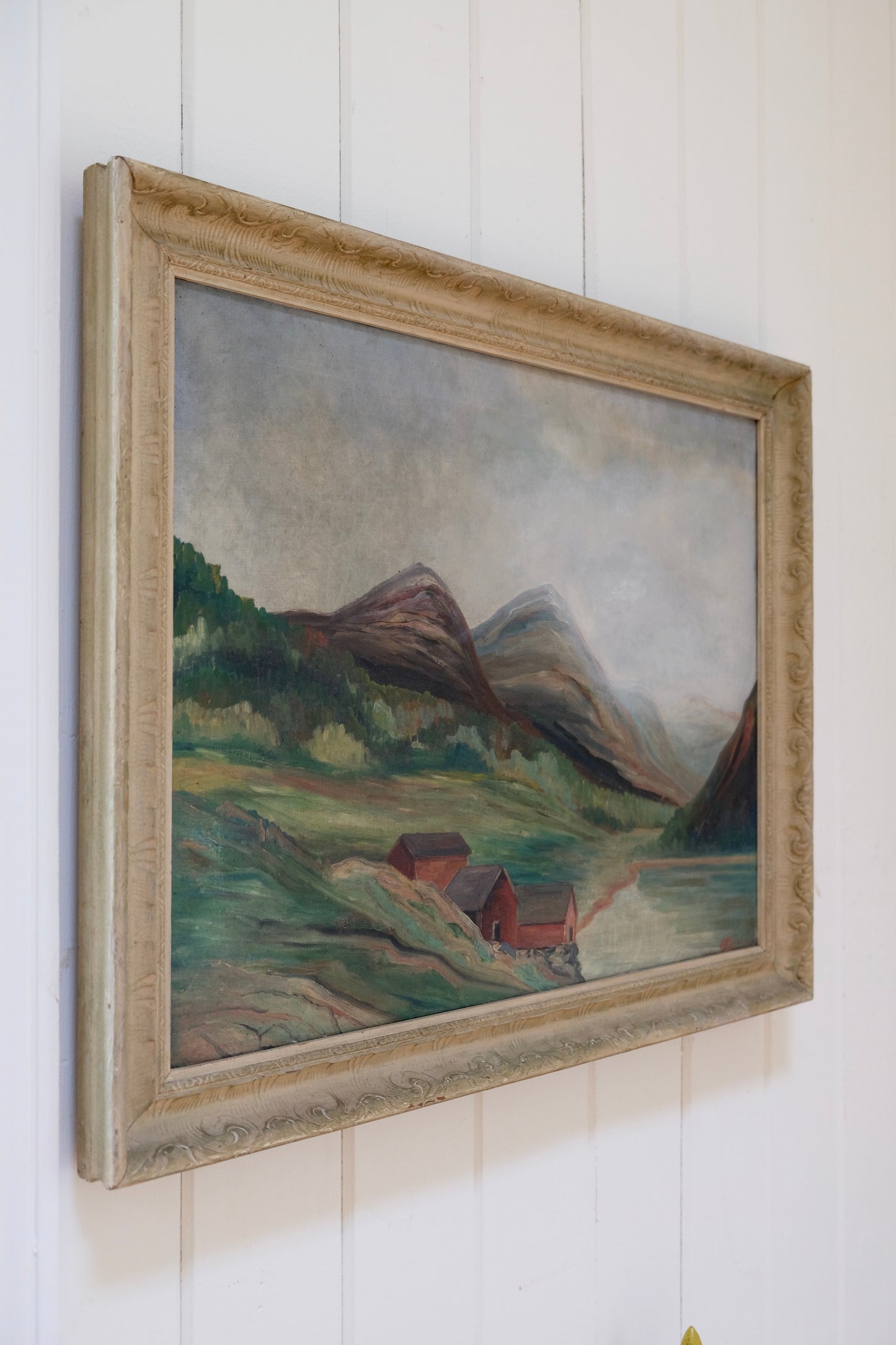 1920s Framed Fjord Landscape on Canvas