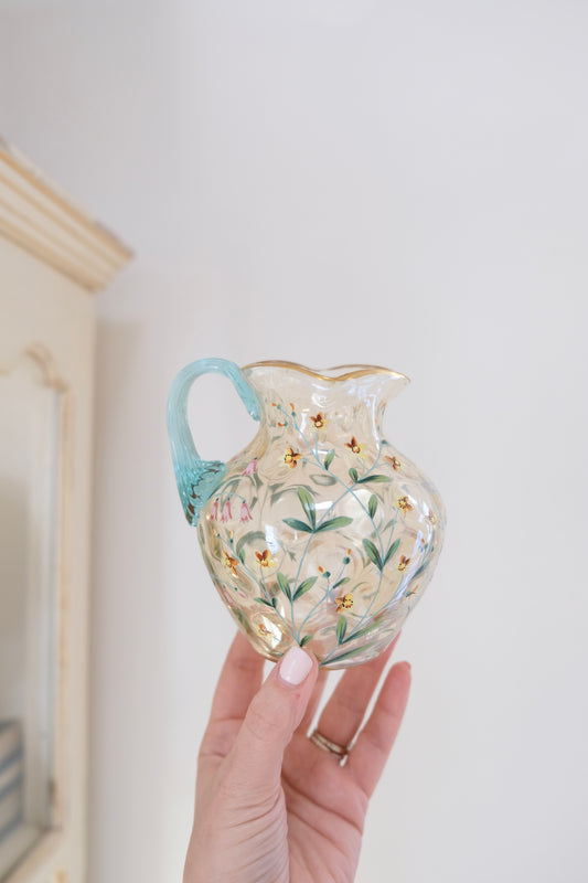 Vintage Hand-Blown Glass Vase with Turquoise Colored Handle