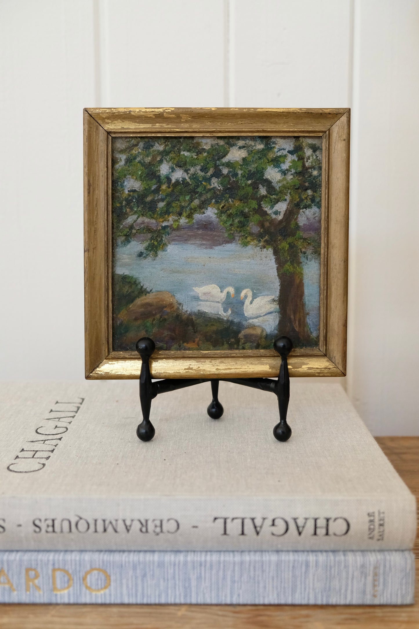 Vintage Swan Landscape Oil Painting