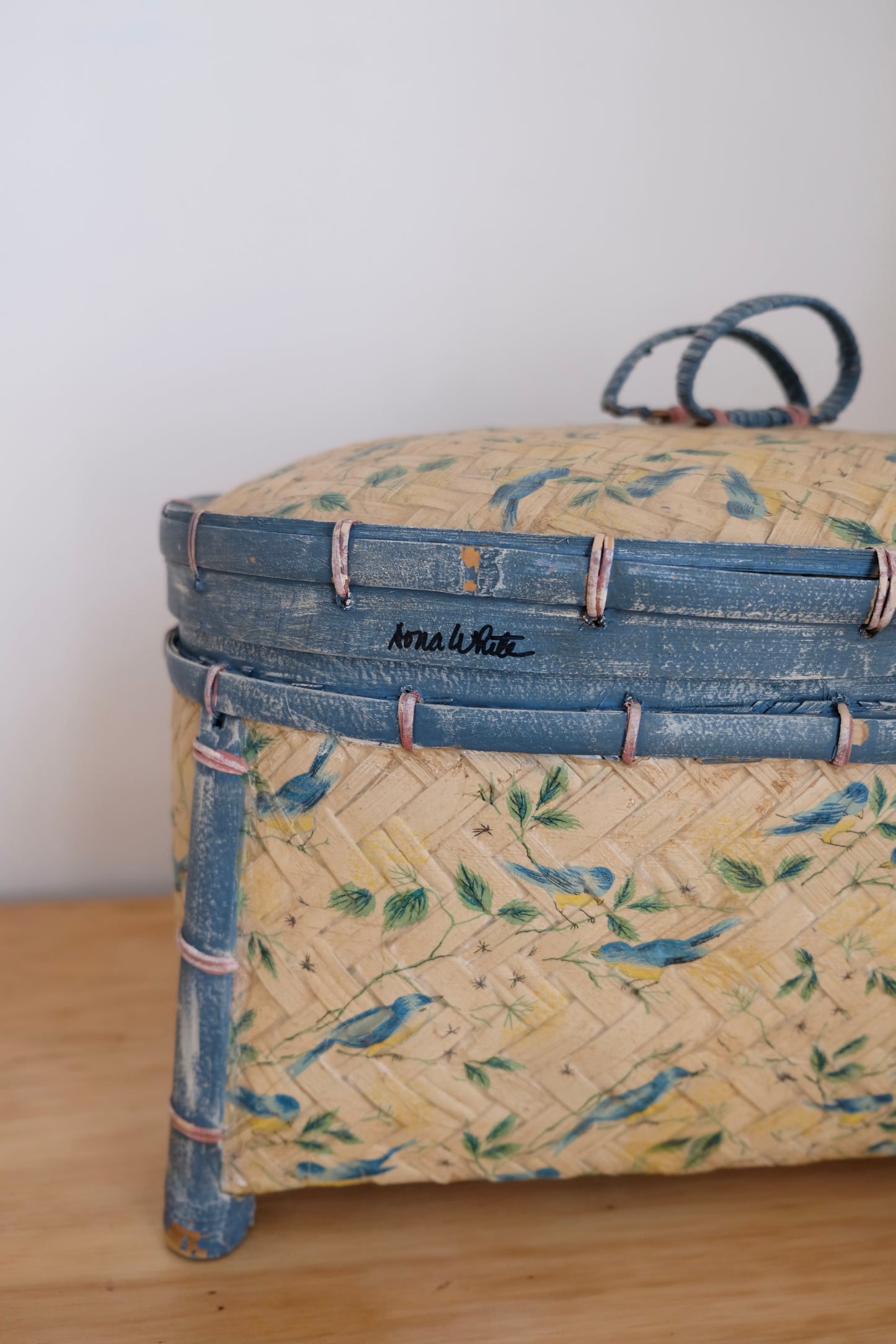 Vintage Painted and Signed Lidded Basket with Birds