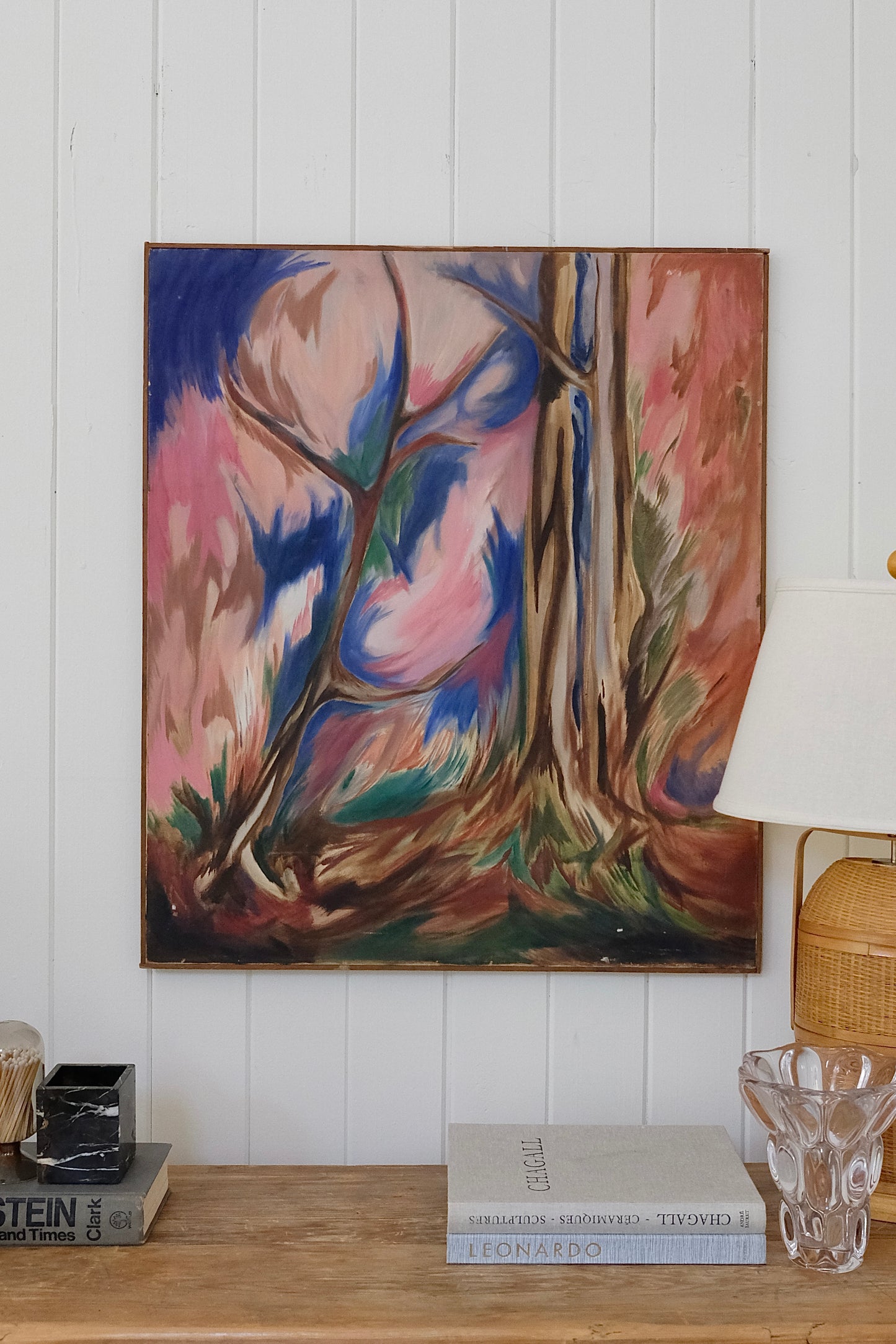 Large Vintage Expressionist Abstract Landscape with Trees