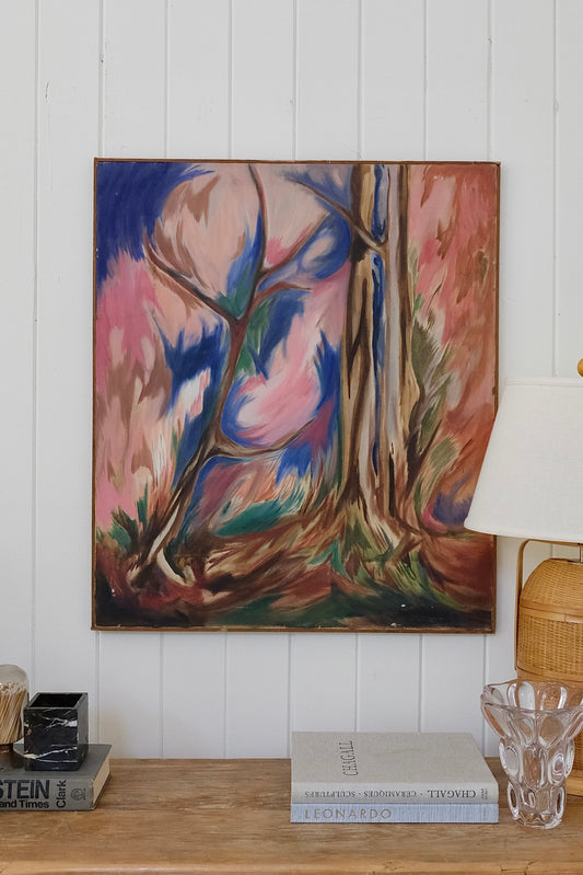 Large Vintage Expressionist Abstract Landscape with Trees