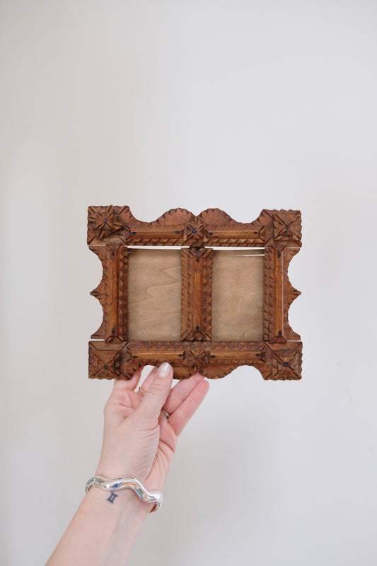 Antique Tramp Art Carved Wood Double Frame