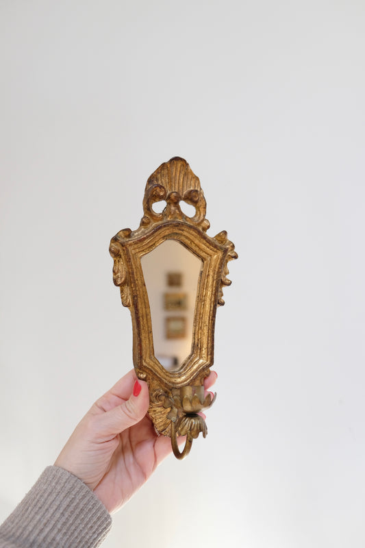 Vintage Italian Baroque-Style Small Mirror with Candlestick Holder
