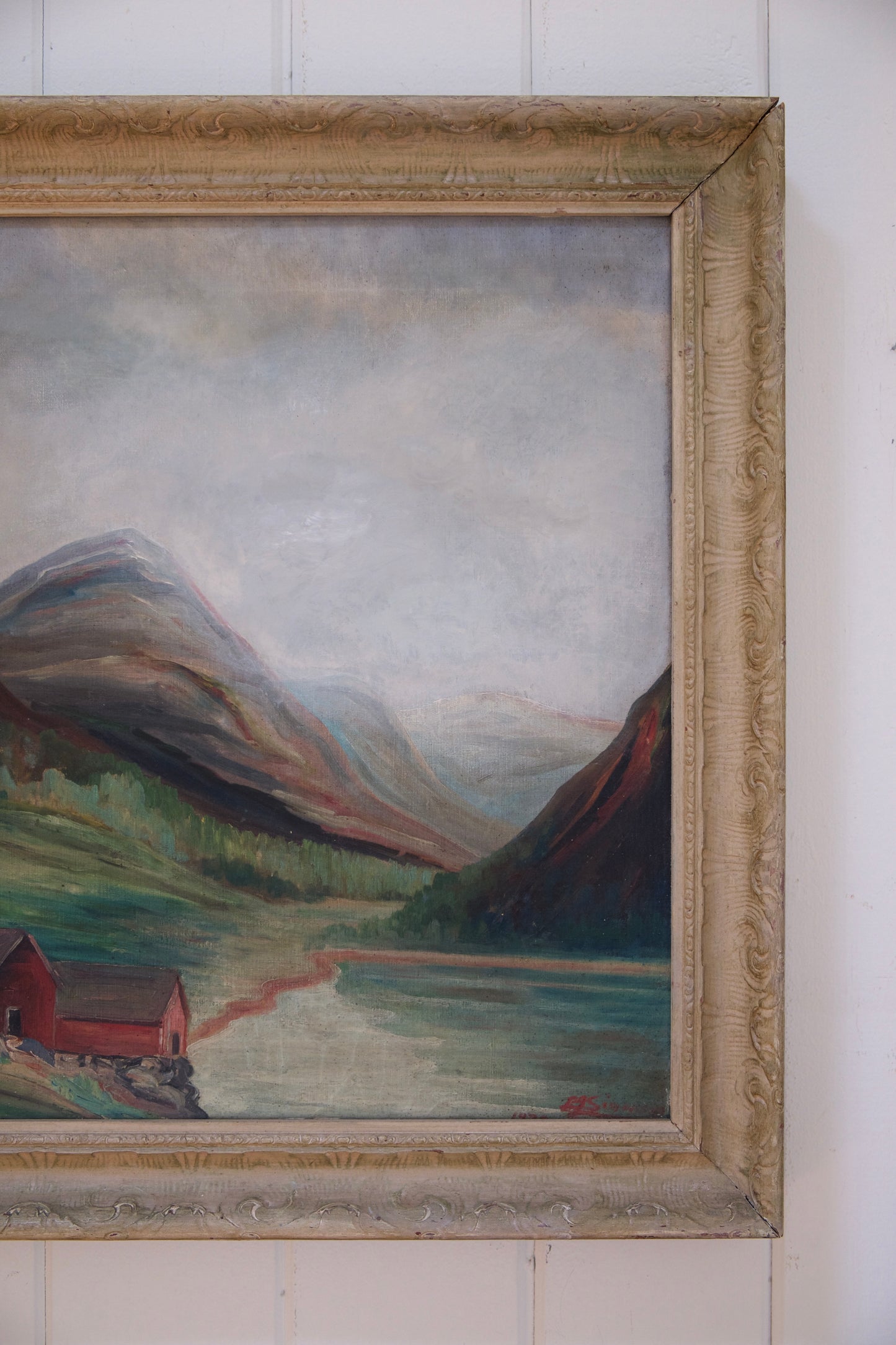 1920s Framed Fjord Landscape on Canvas
