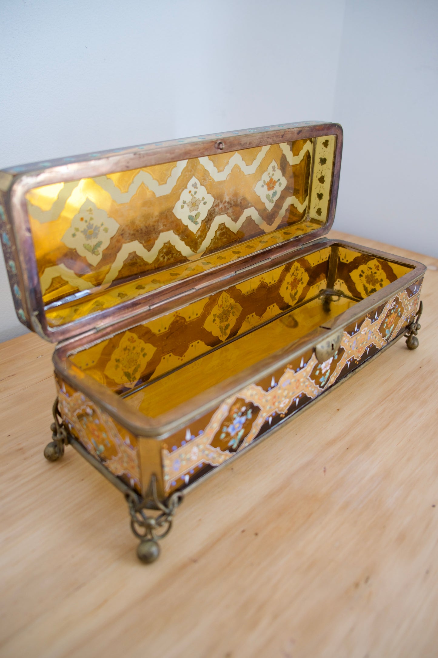 Antique Bohemian Hand Painted Amber Glass Glove Casket Attributed to Moser