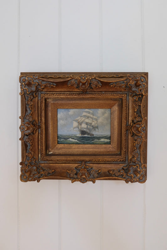 Vintage Nautical Oil Painting of Tall Ship in Ornate 3" Deep Carved Wood Frame – Signed