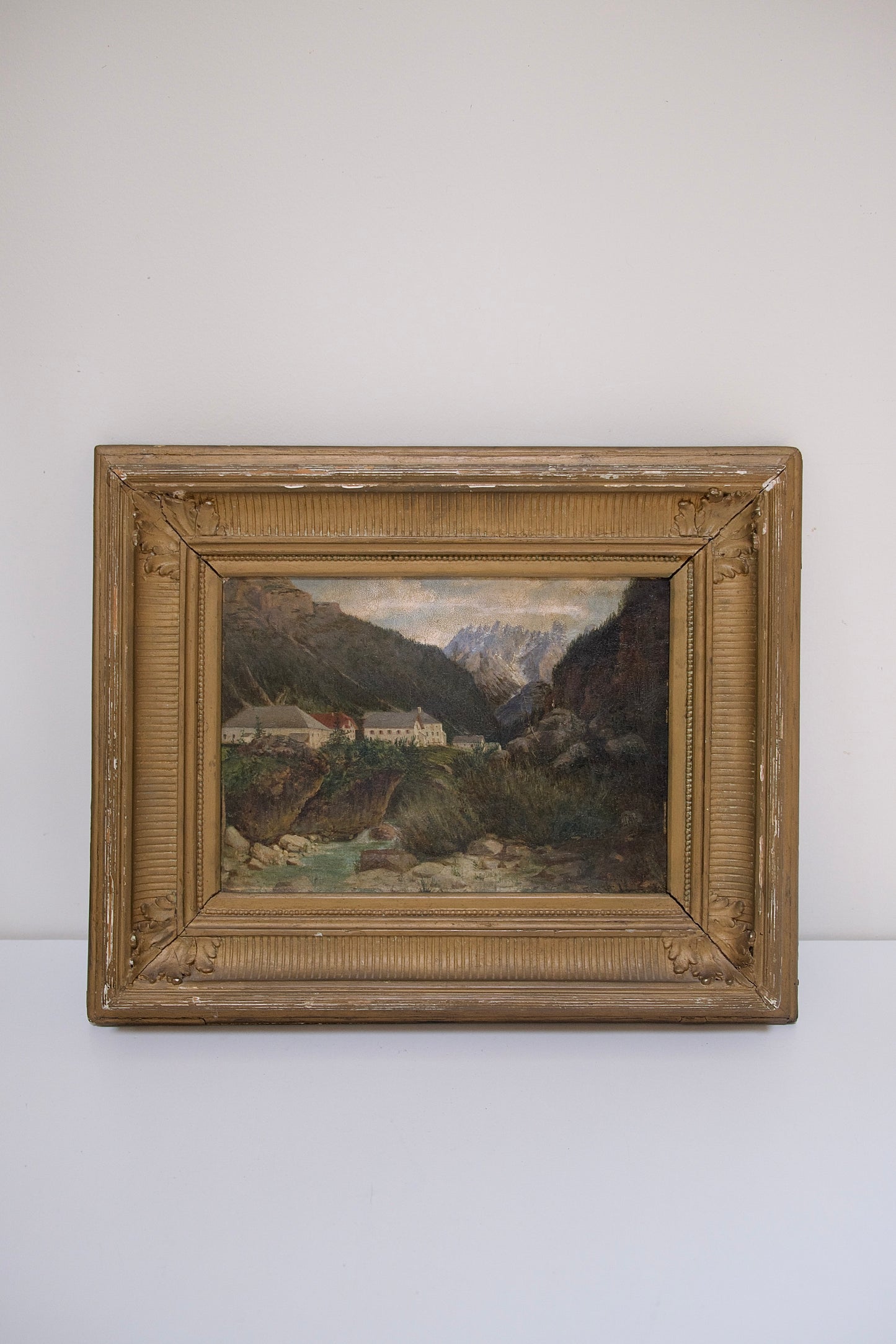 Antique Mountain Village Oil Painting in Aged Wooden Frame