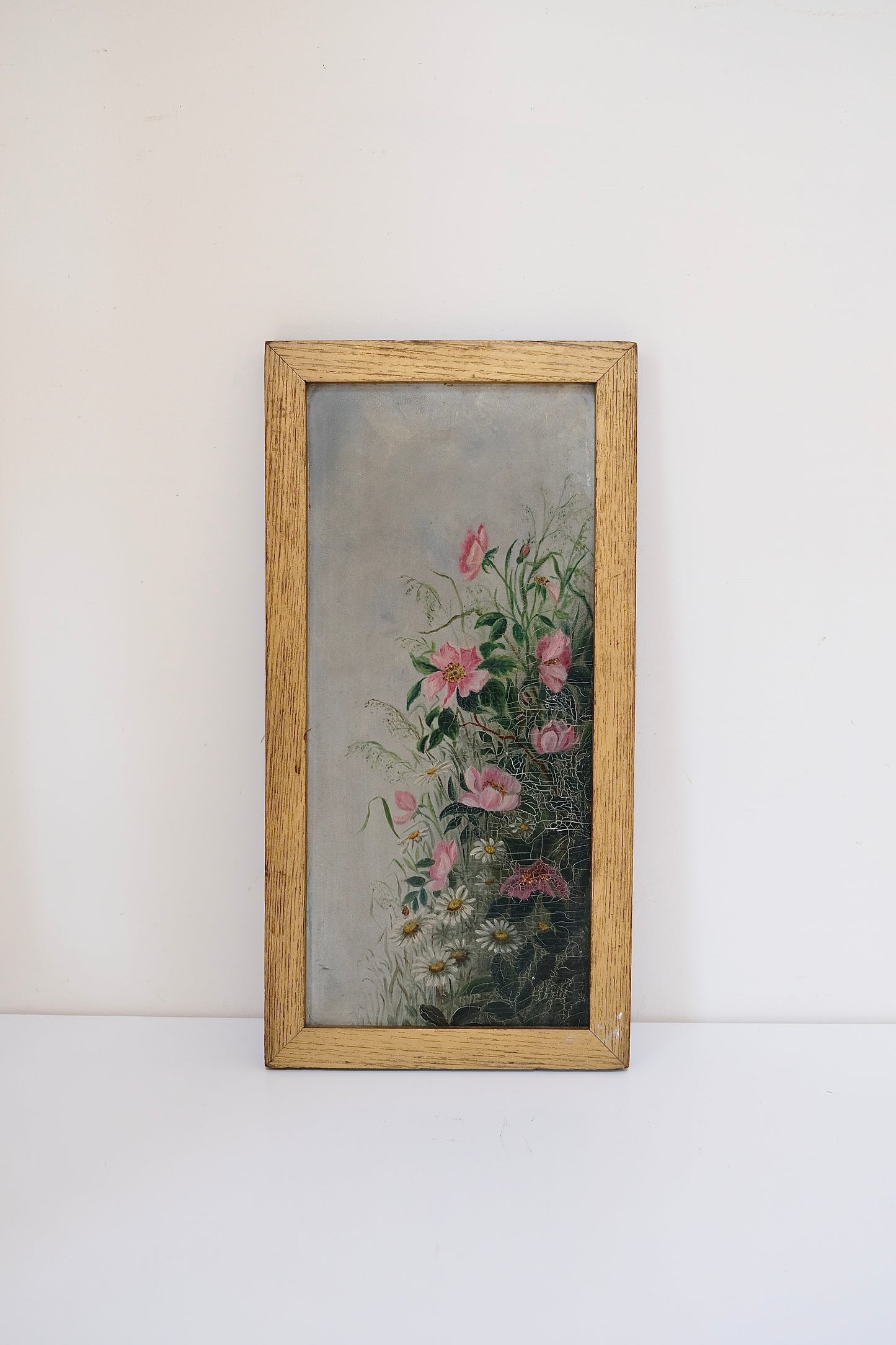 Antique Vertical Floral Oil Painting with Pink Blossoms and Daisies