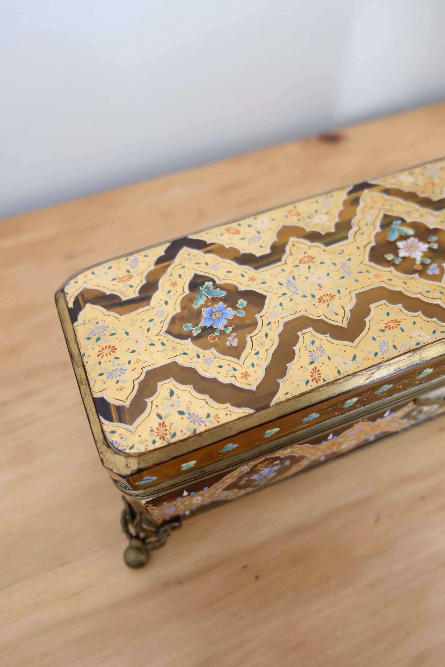 Antique Bohemian Hand Painted Amber Glass Glove Casket Attributed to Moser