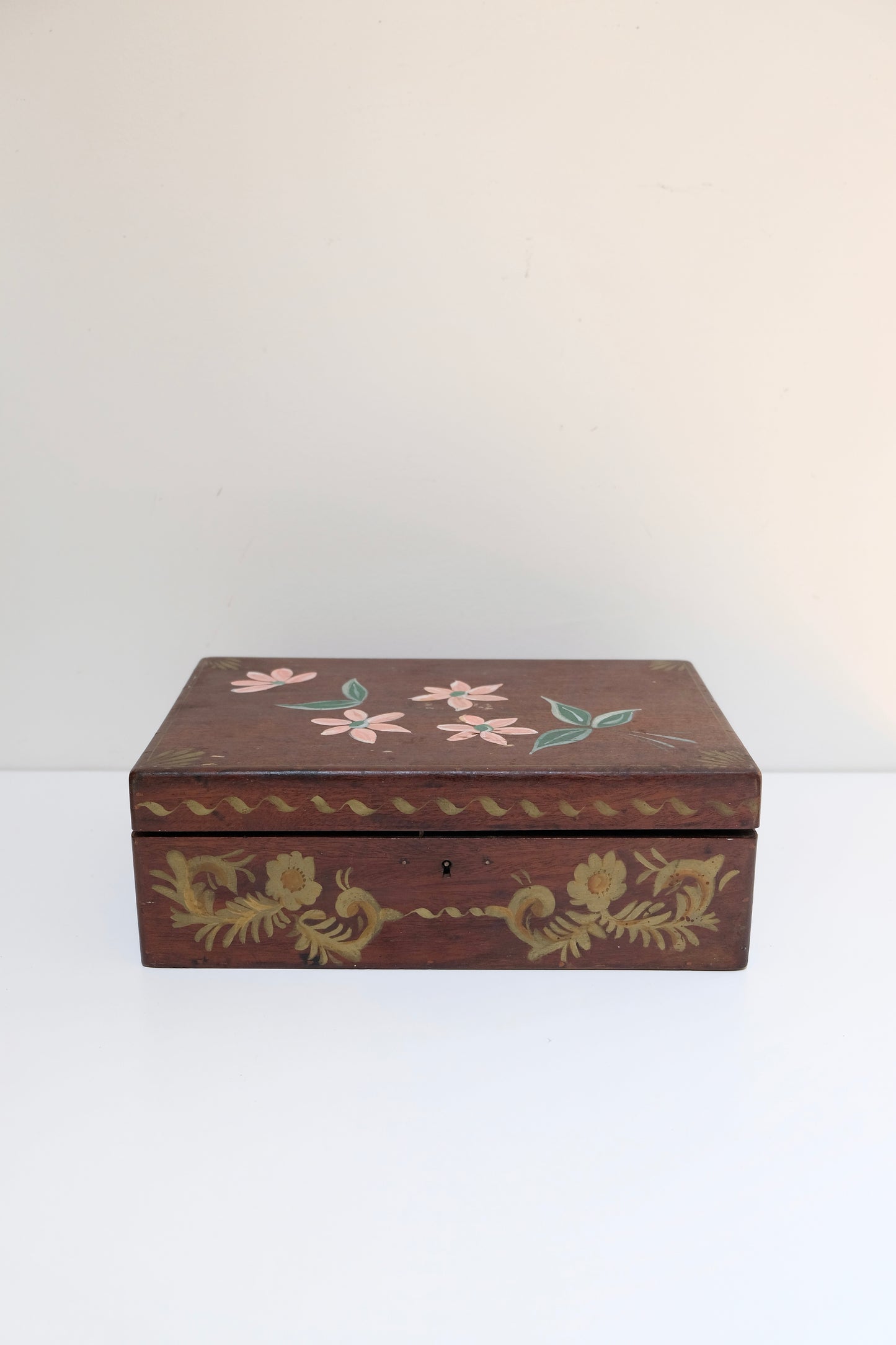 Antique Hand-Painted Folk Art Wooden Vanity Box with Mirrored Lid