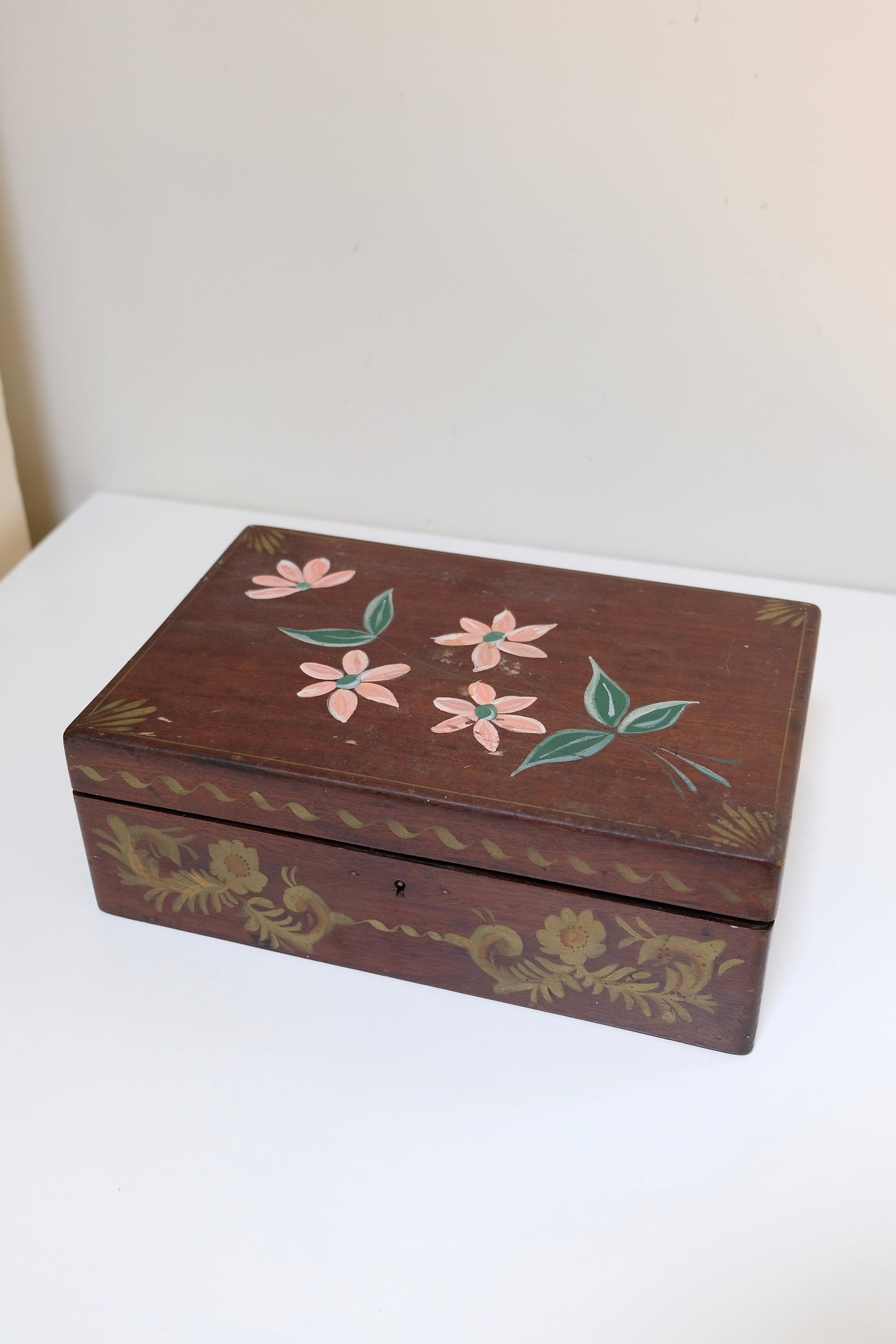 Antique Hand-Painted Folk Art Wooden Vanity Box with Mirrored Lid