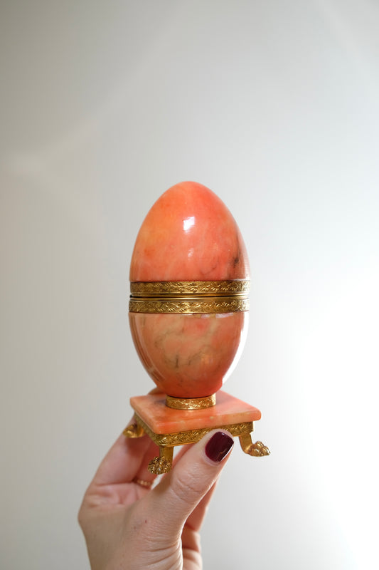 Beautiful Vintage Orange Alabaster Egg-Shaped Box