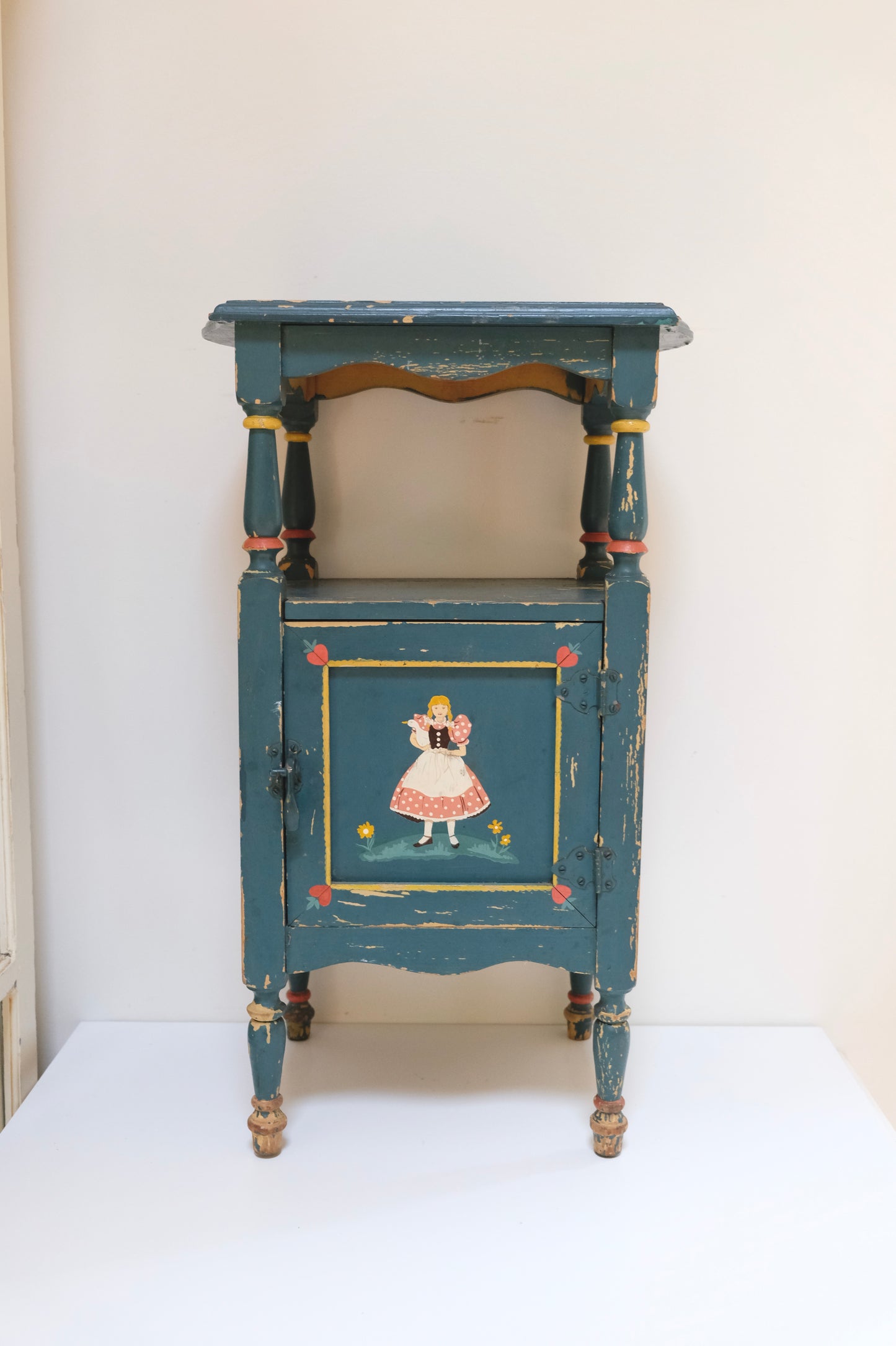 Antique Hand-Painted Folk Art Smoking Stand with Copper-Lined Interior